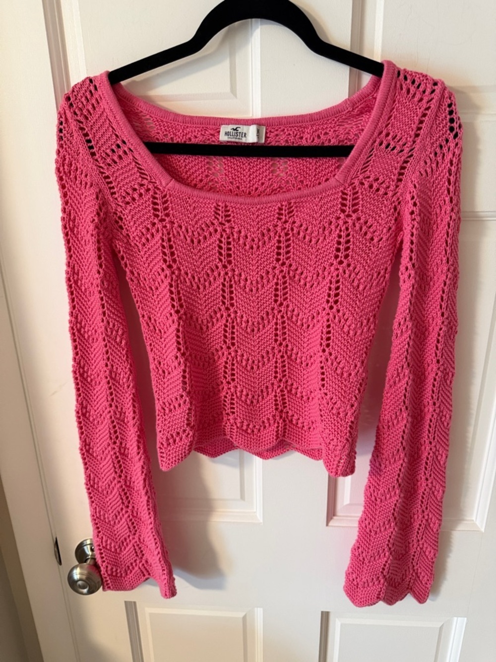 Hollister Boho Crochet Square Neck Sweater Bell Sleeves Pink Size XS